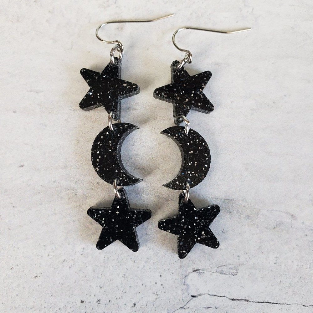 Star and Moon Dangle Earrings, Black and Silver Glitter Acrylic, Handmade